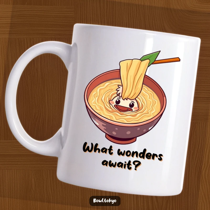Funny curious ramen bowl mug character peering into a swirling vortex of flavorful soup, a unique and humorous design.