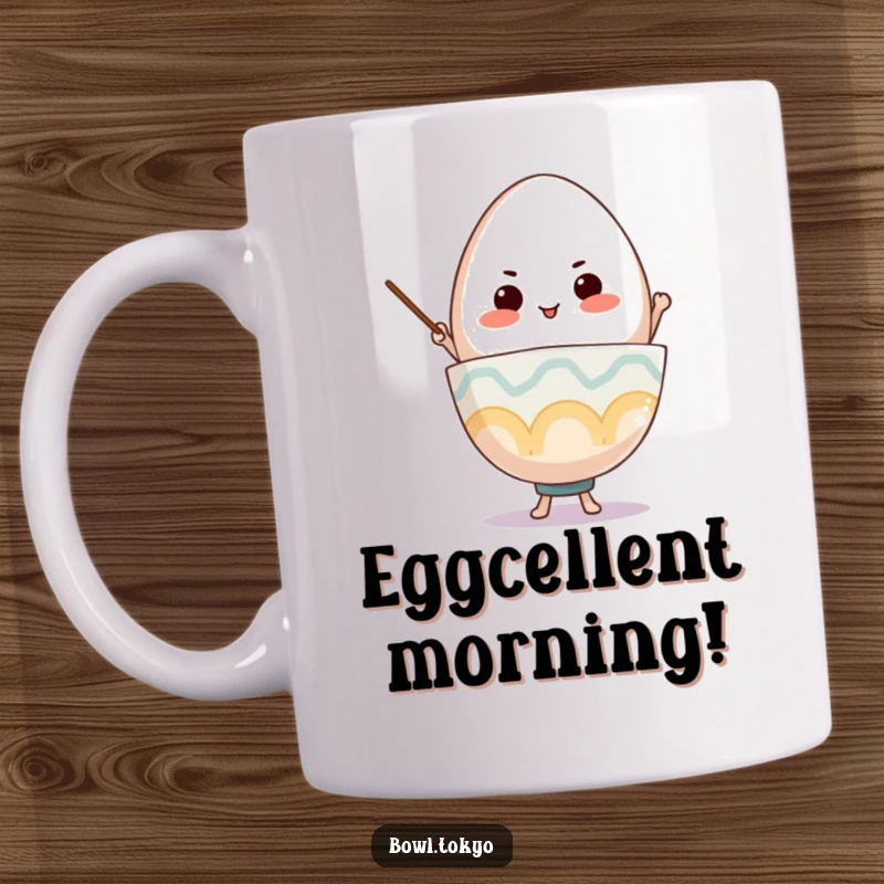 Funny Ramen Bowl Mug, a determined character balancing a giant egg, inspiring focus and achievement.