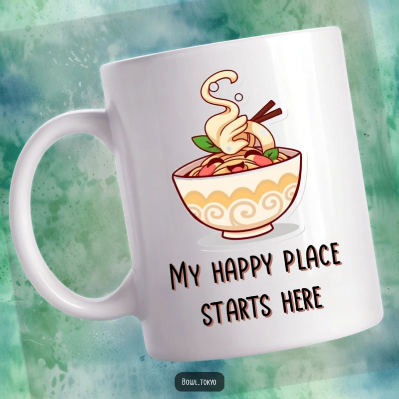Funny ramen bowl mug character giggling with steam puffing happily, a delightful and humorous kitchen accessory.