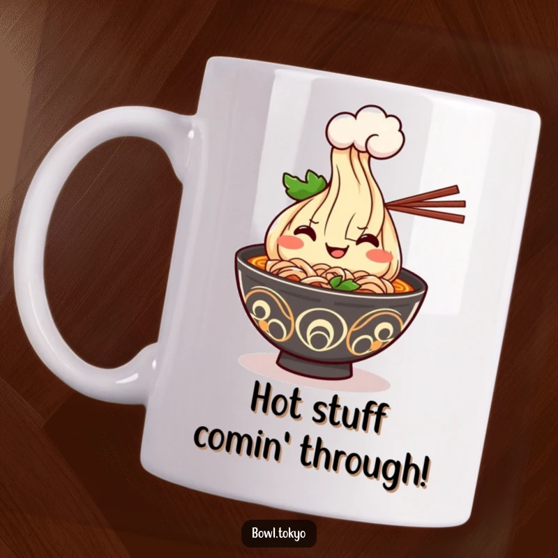 Funny Kawaii ramen bowl mug with a cheerful grin, offering a fluffy steam cloud for a warm, inviting, and humorous experience.