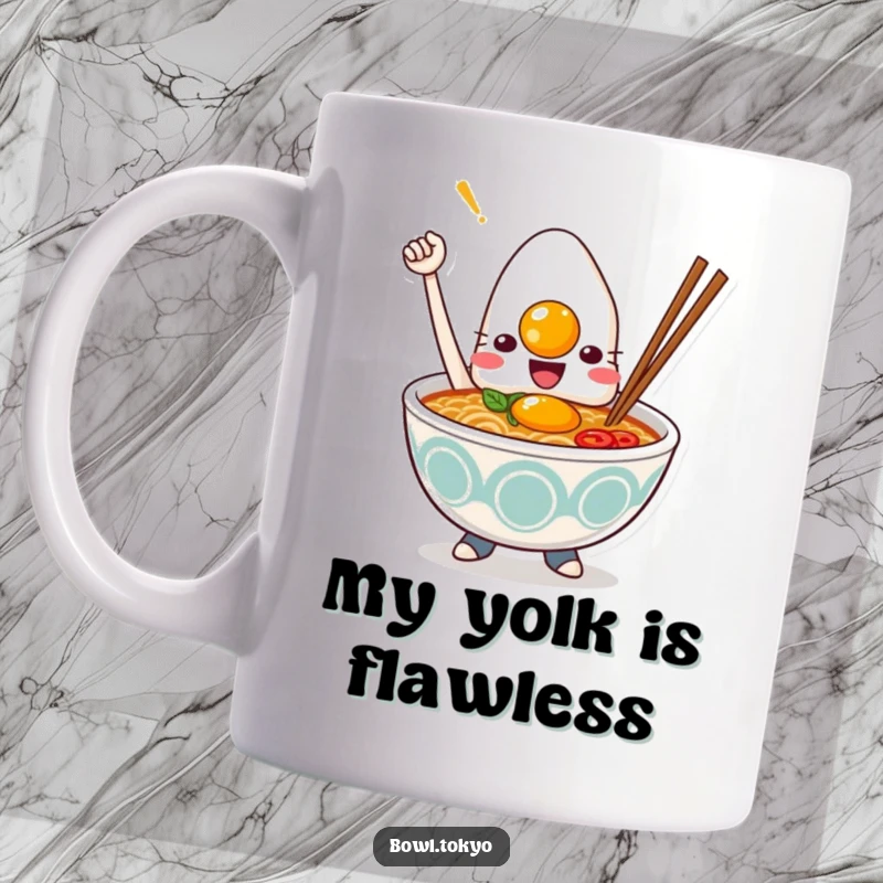 Funny Kawaii ramen bowl mug, character triumphantly holding a perfectly cooked egg, steaming bowl, foodie humor, giftable.