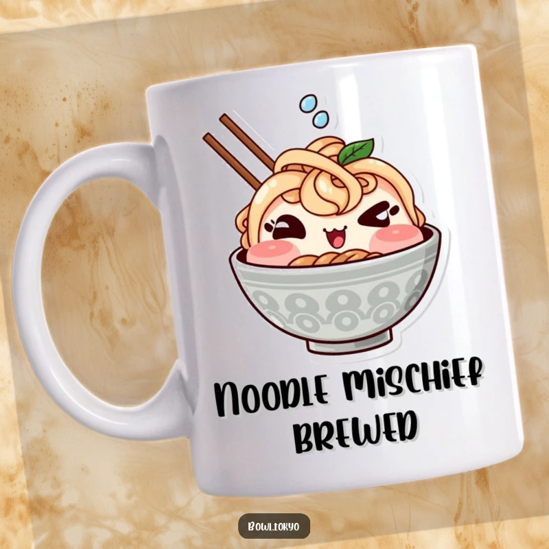 Funny mug showing a cute Kawaii ramen bowl character winking mischievously and splashing a tiny drop, full of edible humor.