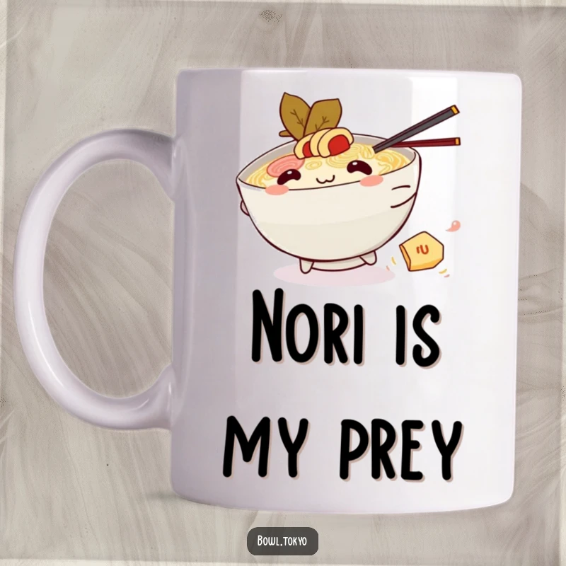 Funny Kawaii ramen bowl mug, character playfully chasing a piece of nori, noodle humor, foodie fun, perfect gift.