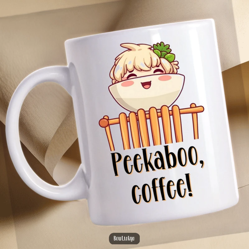 Funny mug showing a happy ramen bowl character joyfully peeking over a tall wall made of chopsticks.