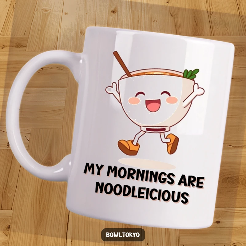 Funny ramen bowl in wooden clogs, joyfully leaping with noodles, a whimsical and energetic character for a delightful gift.