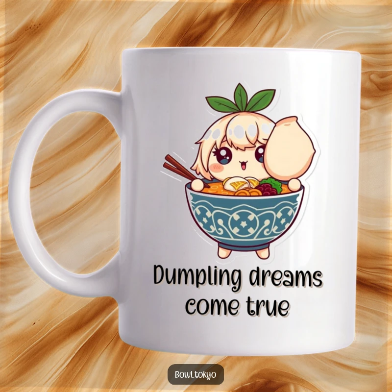 Funny mug featuring a ramen bowl character with sparkling eyes, affectionately holding an oversized dumpling.
