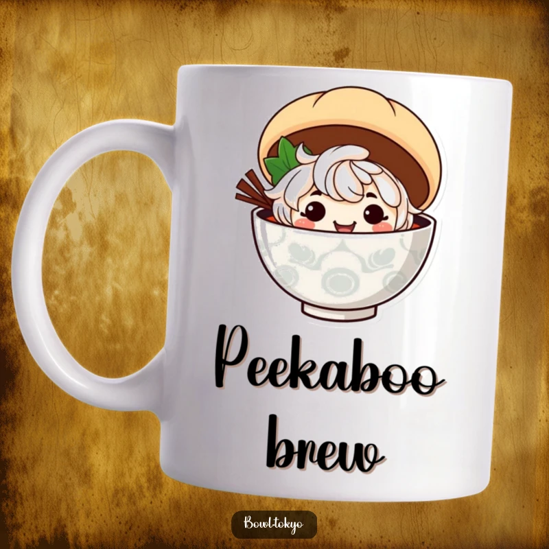 Funny ramen bowl character with a sly, mischievous grin peeks out from behind a fluffy steamed bun on this mug.