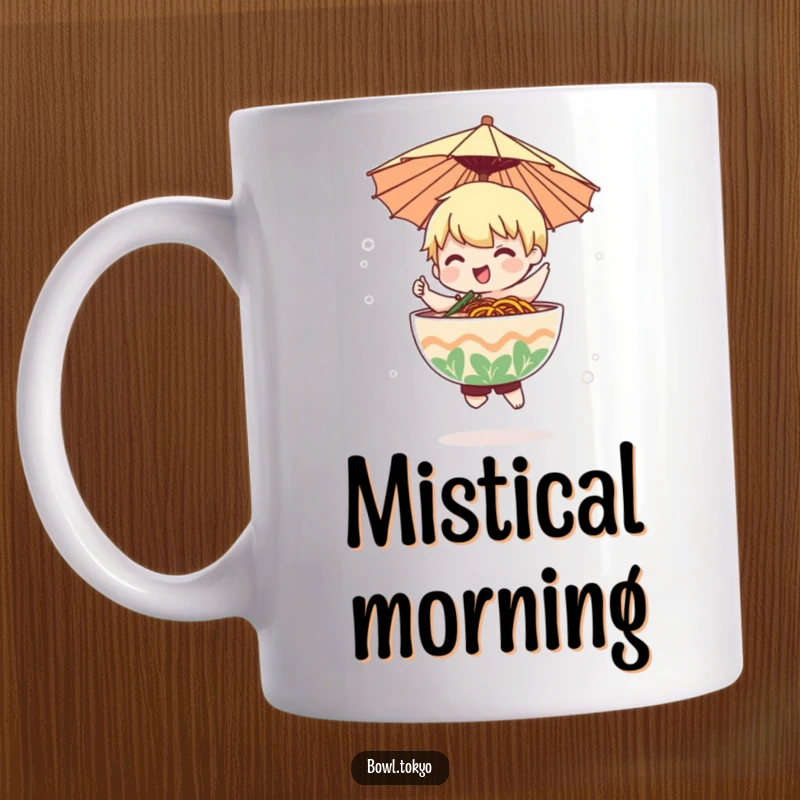 Funny ramen bowl character wearing a tiny paper umbrella dances gracefully in a soft, gentle mist on this mug.