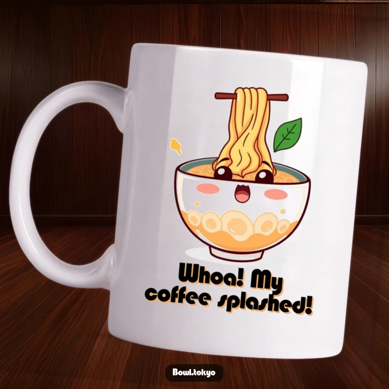 Funny Shocked Ramen Bowl Mug with noodles splashing out dramatically, capturing a moment of utter surprise and comic chaos.