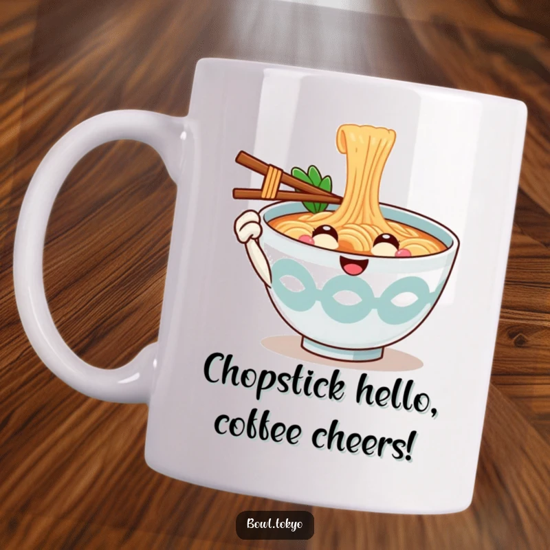 Funny Welcoming Ramen Bowl Mug with a smiling character offering a chopstick as a friendly greeting, perfect for morning coffee.