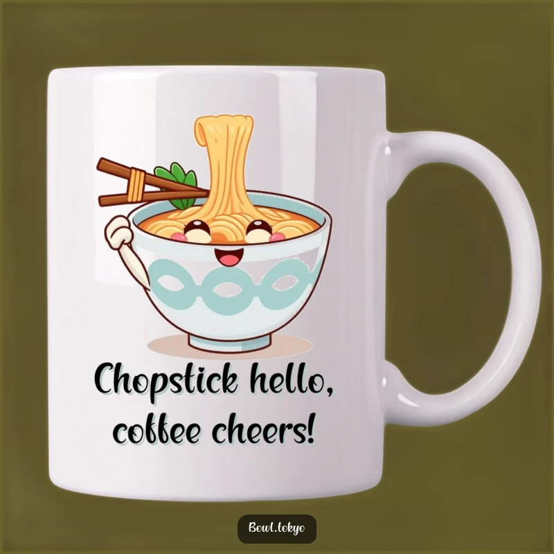 Funny Welcoming Ramen Bowl Mug: Noodle Character Chopstick Greeting Gift