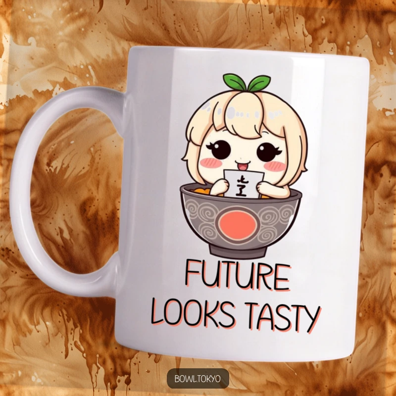 Funny ramen bowl character with rosy cheeks gently holds a miniature fortuneteller on this charming mug.