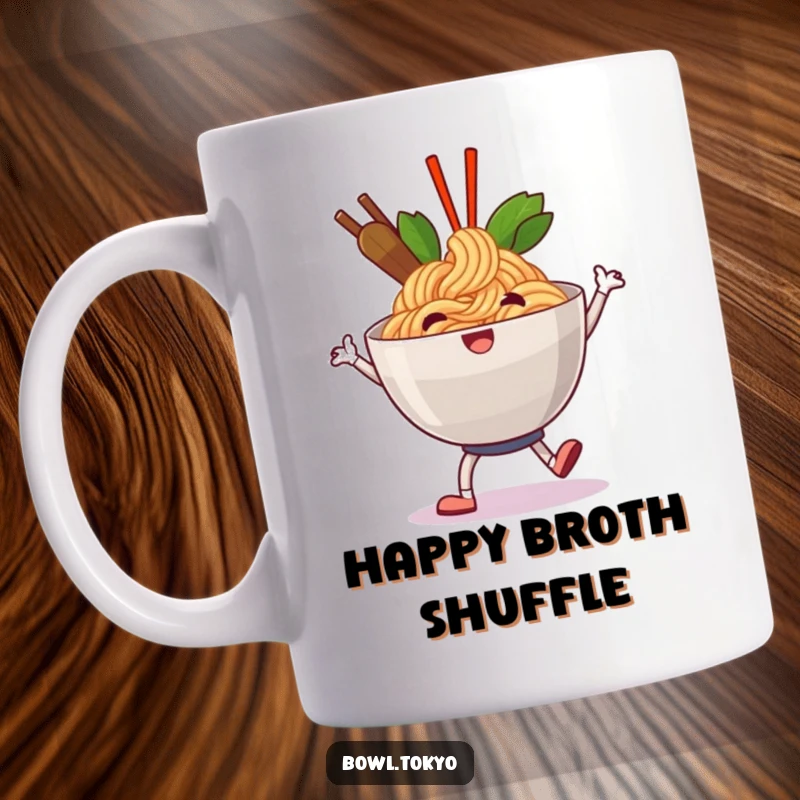 Funny happy ramen bowl character mug doing a jolly shuffle, expressing pure joy, ideal for cheerful people.