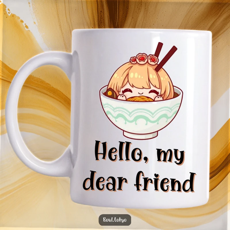 Funny ramen bowl with a decorative hairpiece, bowing politely with a gentle smile, conveying respect and humor.