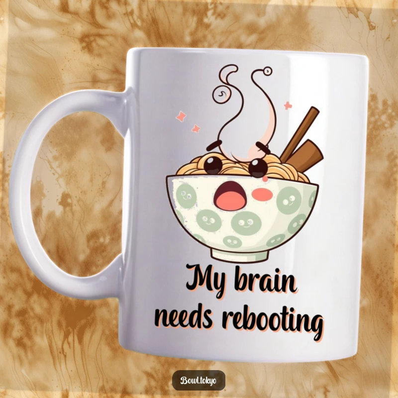 Funny surprised ramen bowl mug, stylized steam erupting in a comical pattern, perfect for noodle lovers and gift seekers.