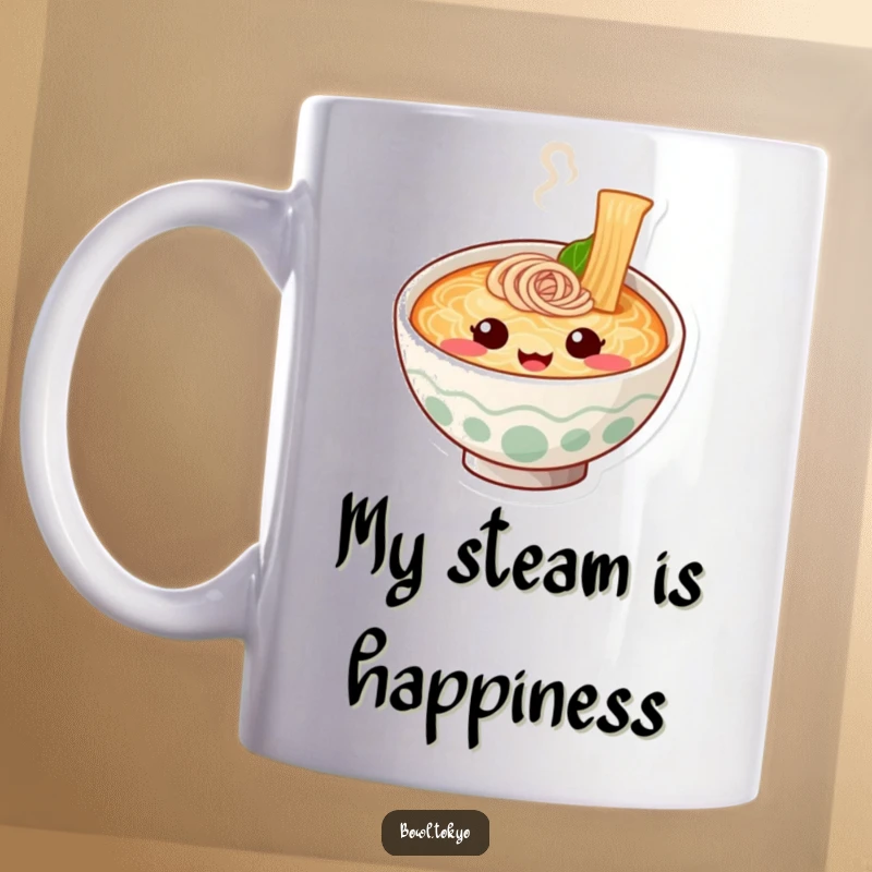 Funny Happy Ramen Bowl Mug with steam forming a cheerful face, perfect for noodle lovers.