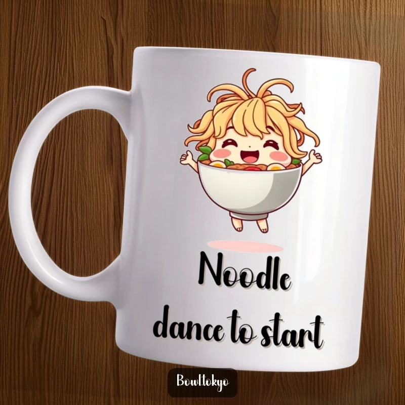 Funny Mug featuring a happy ramen bowl character with noodles for hair gleefully dancing, symbolizing pure joy and deliciousness.