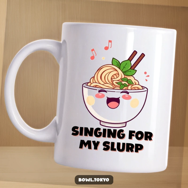 Funny cheerful ramen bowl mug, singing with musical notes floating around, happy noodle illustration, perfect for music lovers.