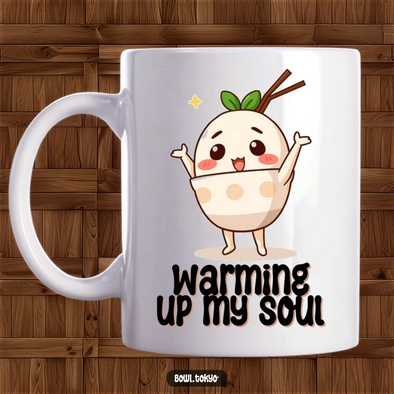 Funny Cute Ramen Bowl Mug with an anthropomorphic character performing a silly, joyful dance, radiating happiness and fun.