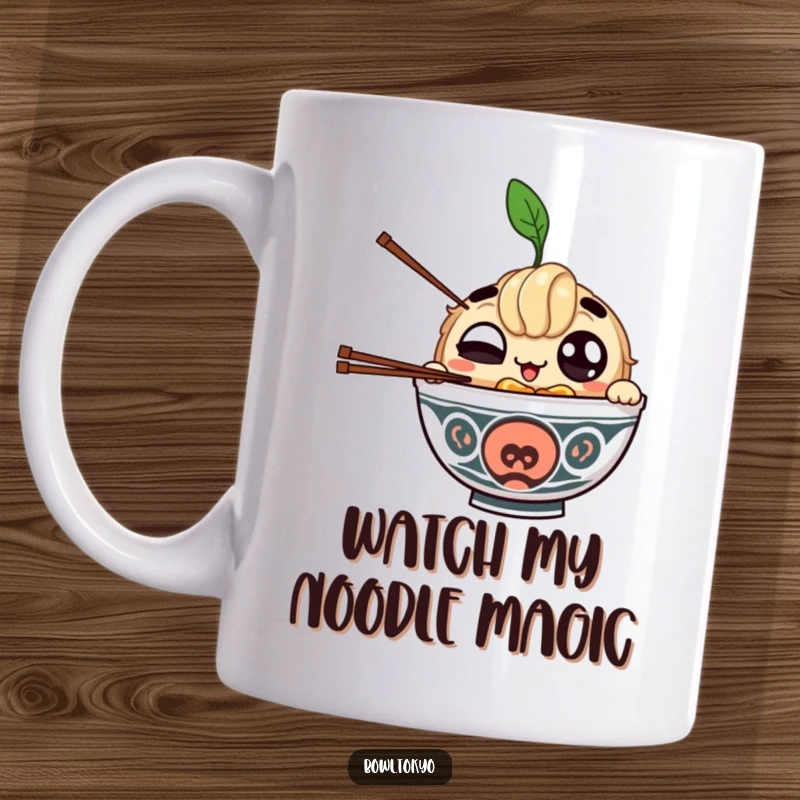 Funny mug showcasing a ramen bowl character with big eyes winking while skillfully juggling chopsticks, a humorous and impressive feat.