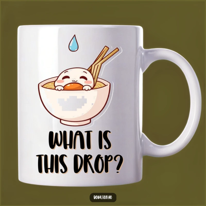 Funny Curious Ramen Bowl Mug: Noodle Character Investigating Droplet Gift