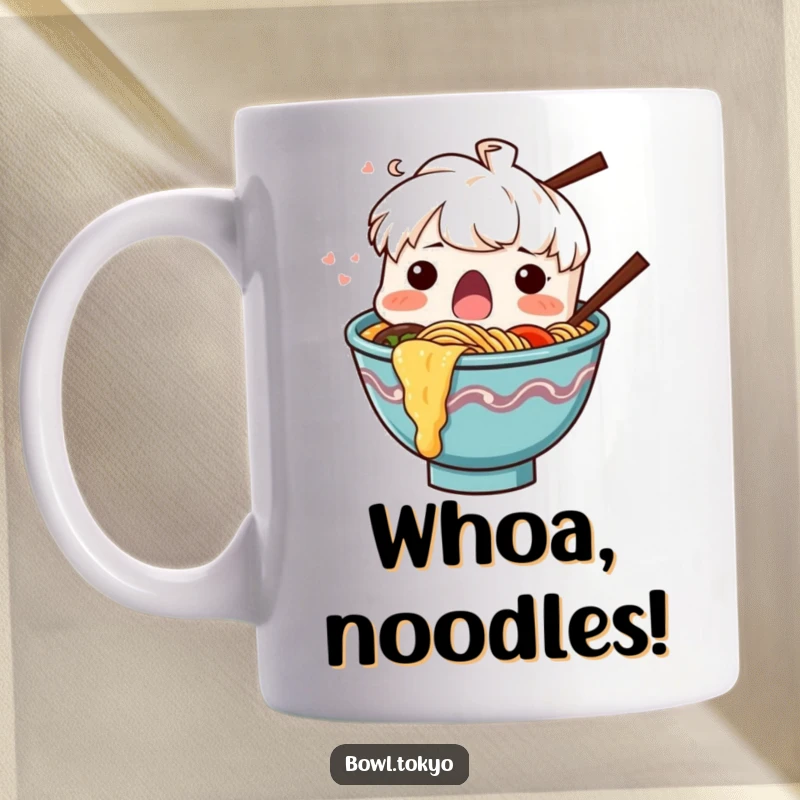 Funny Ramen Bowl Mug, a surprised character with noodles splashing out dramatically, perfect for a shocking gift.