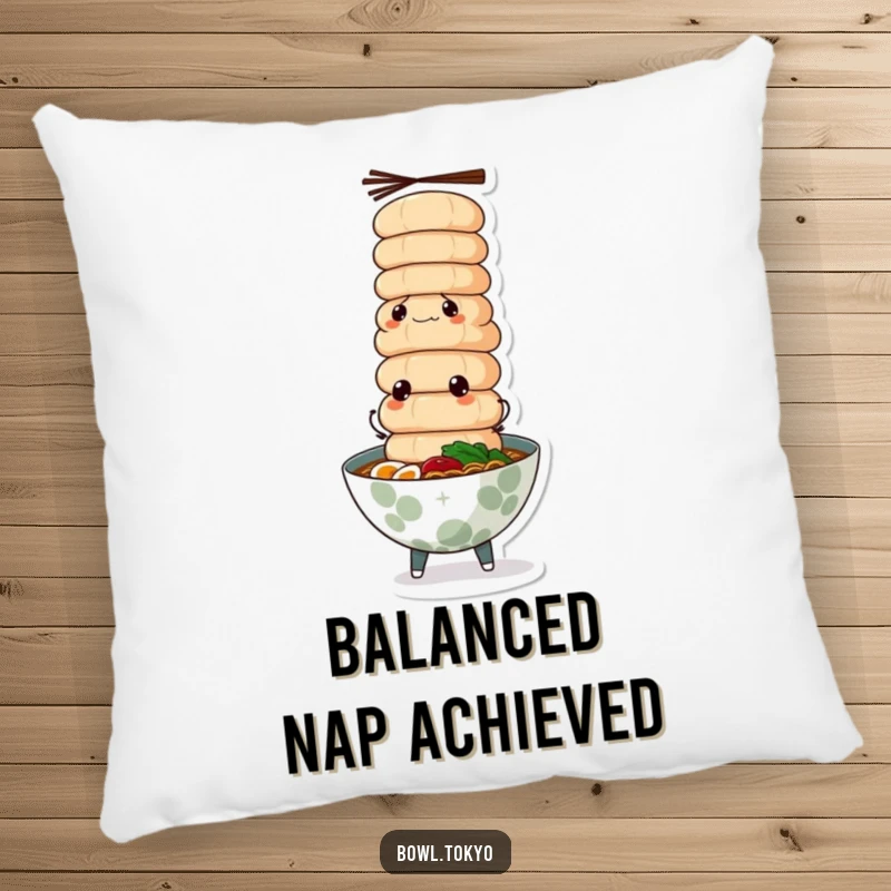 Funny ramen bowl pillow, deeply focused, balancing a tower of fish cakes, adding a soft touch of culinary humor.