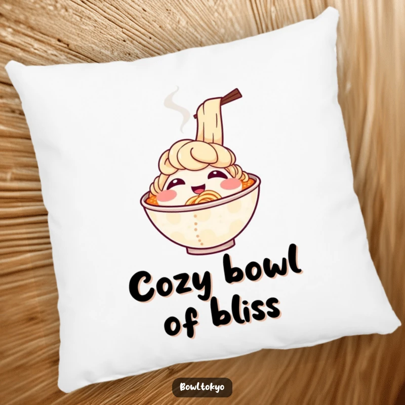 Funny pillow showing a smiling ramen bowl character with steam rising in delightful puffs that resemble cheerful laughter.