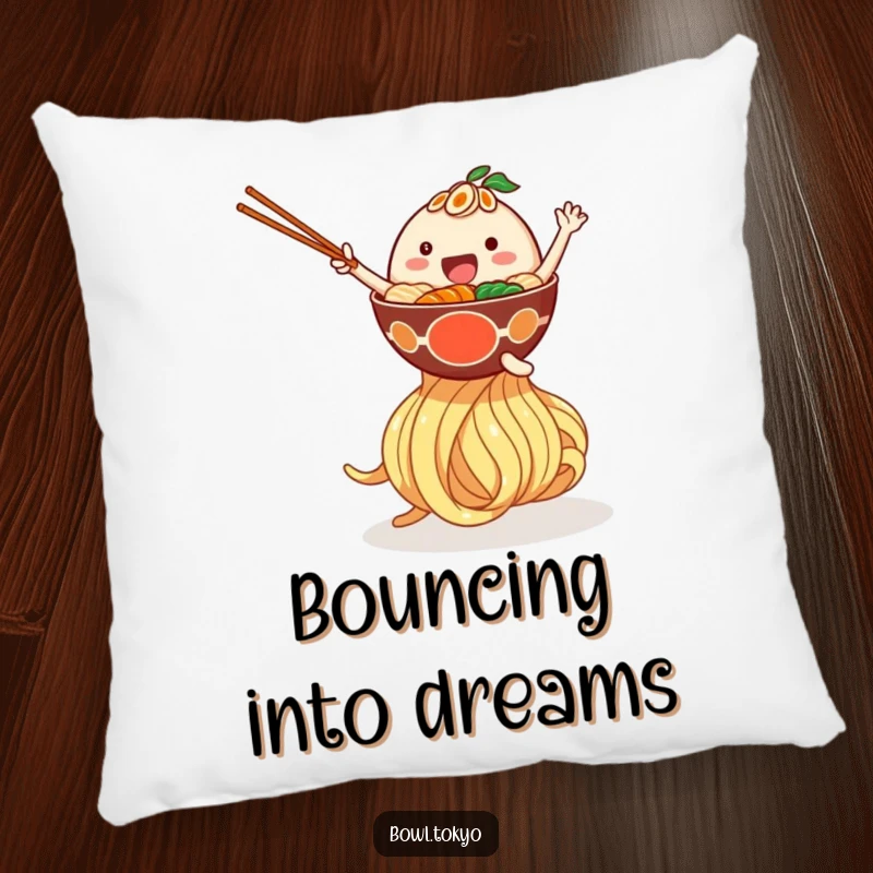 Funny pillow with a happy ramen bowl character bouncing on a giant noodle, providing comfort and humorous decor.