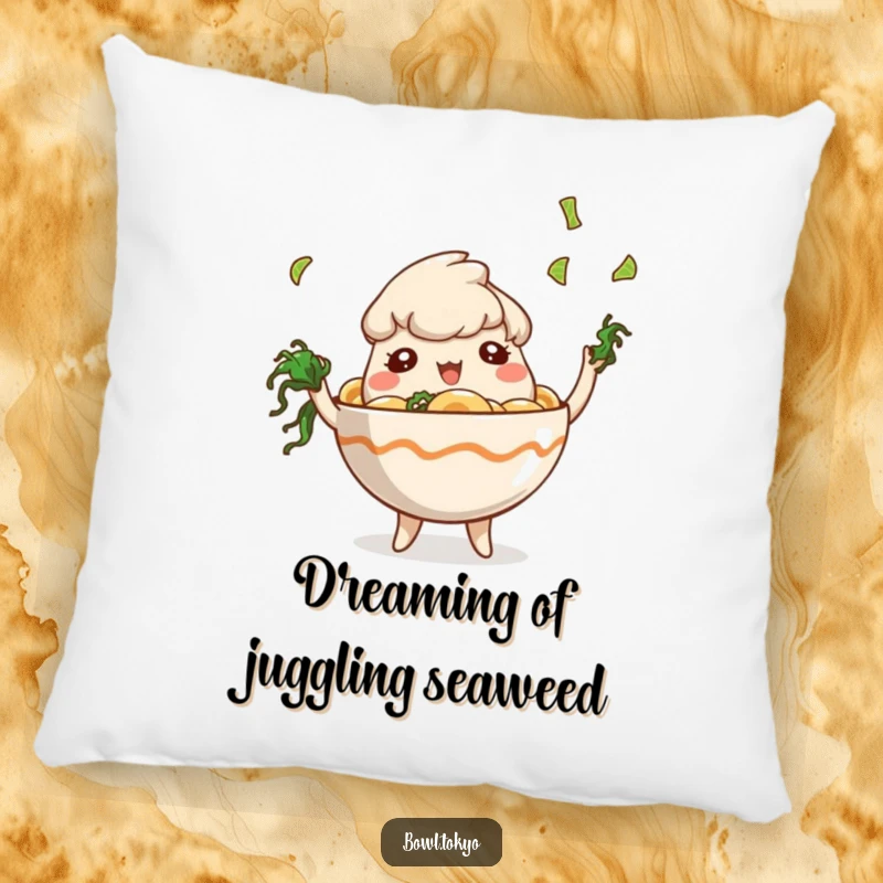 Funny Comfort Ramen Bowl Pillow featuring a playful character juggling tiny seaweed pieces, adding whimsical comfort.
