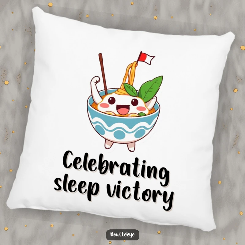 Funny Excited Ramen Bowl Pillow with an enthusiastic character waving a flag from noodles, adding a touch of cozy celebration.