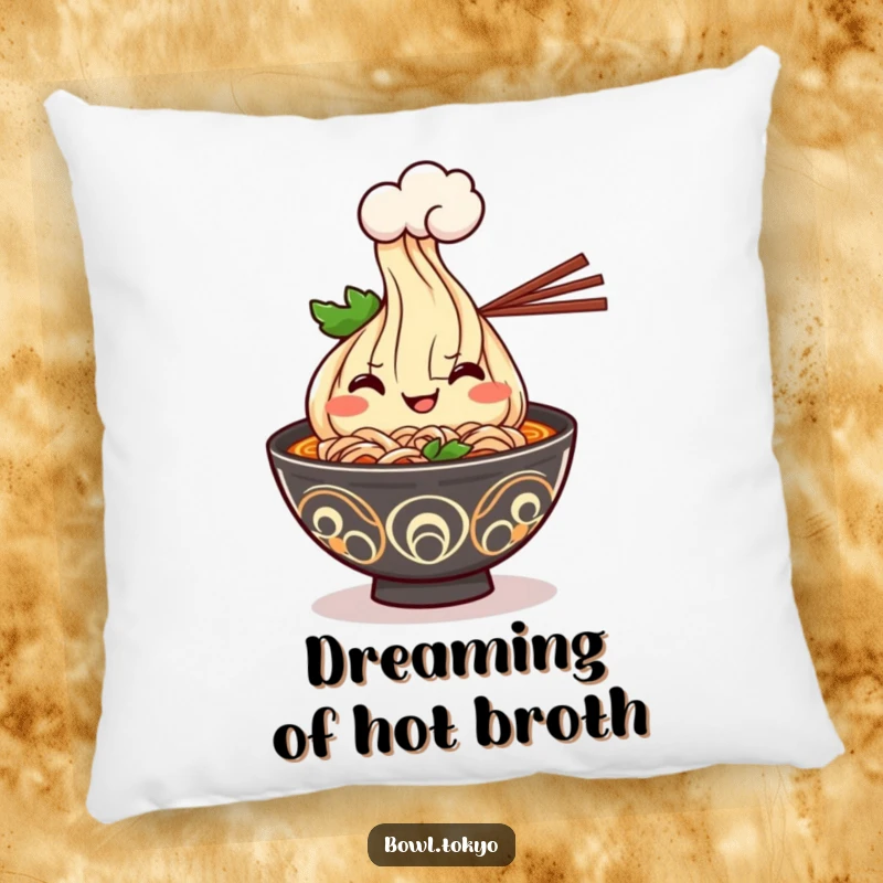 Funny Kawaii ramen bowl pillow with a cheerful grin, offering a steam cloud, providing soft comfort and humorous decor.