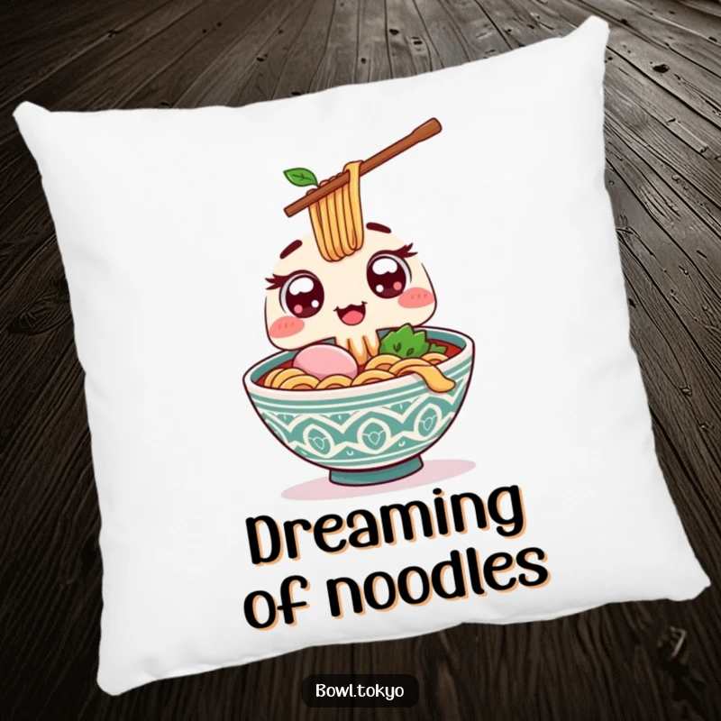 Funny Kawaii ramen bowl pillow with wide excited eyes, offering a giant chopstick for cozy comfort and humorous appeal.