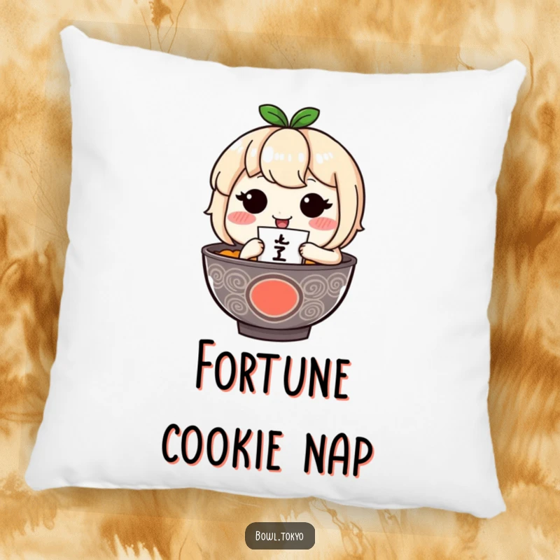 Funny ramen bowl character with soft pink blush holds a tiny fortuneteller on this plush pillow.