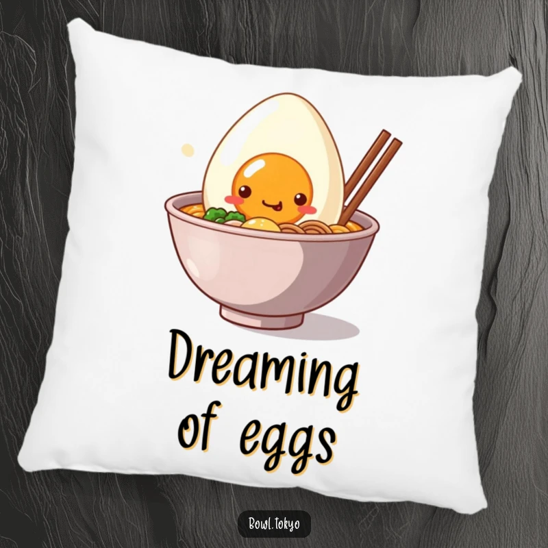 Funny Pillow: A plush kawaii ramen bowl character with a large, smiling egg peeking out, offering comfort and charm.