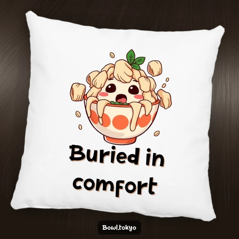 Funny pillow with a surprised ramen bowl character covered in falling dumplings, providing comfort and humorous decor.