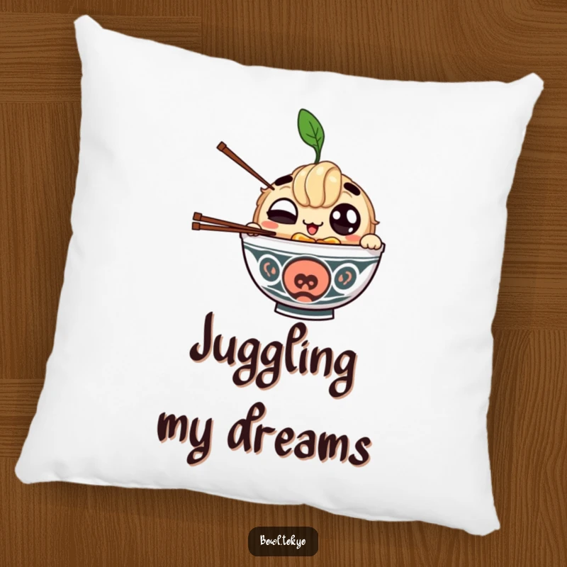 Funny pillow with a winking ramen bowl character juggling chopsticks, providing comfort and humorous decor.
