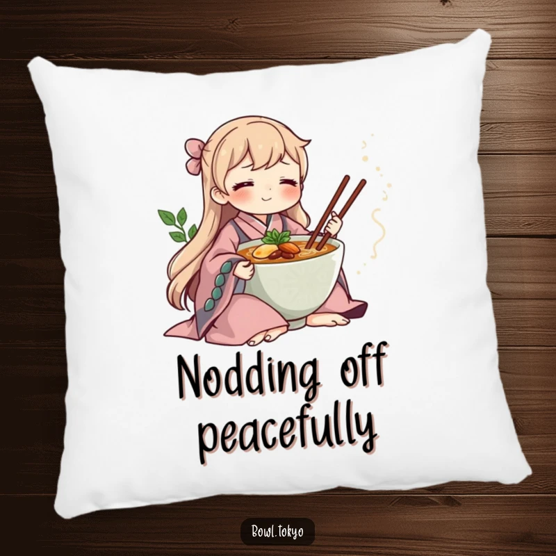 Funny ramen bowl in a flowing kimono, meditating peacefully, a soft and comfortable humorous pillow for tranquil settings.
