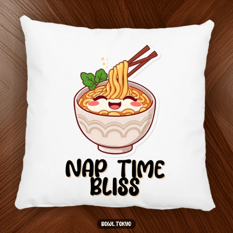 Funny Ramen Pillow: Soft cushion featuring a happy ramen bowl character with a contented sigh.