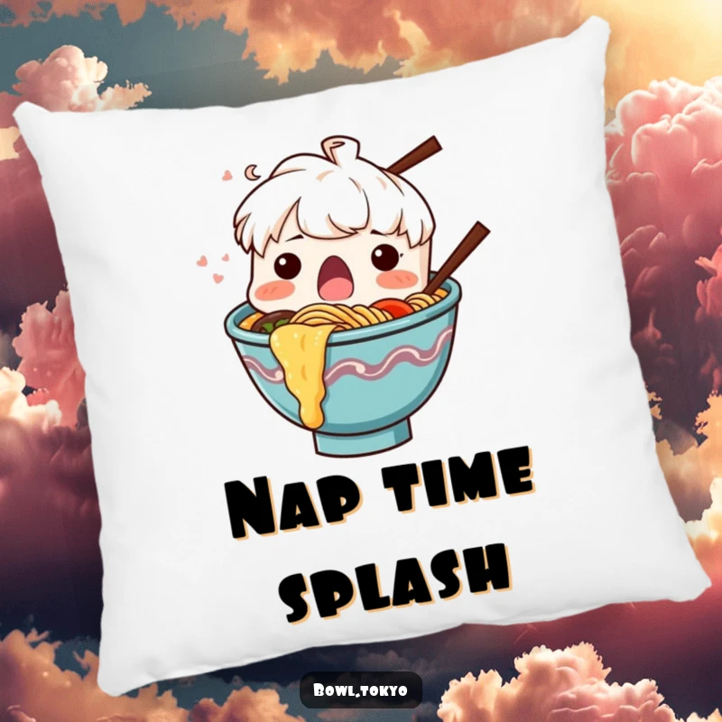 Funny Ramen Bowl Pillow, a surprised character with noodles splashing out, ideal for comfort and humor.