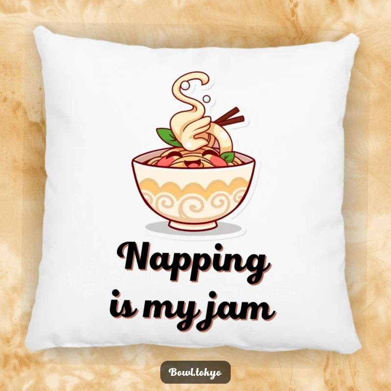 Funny ramen bowl pillow character giggling with steam puffing happily, a soft and humorous decorative cushion.