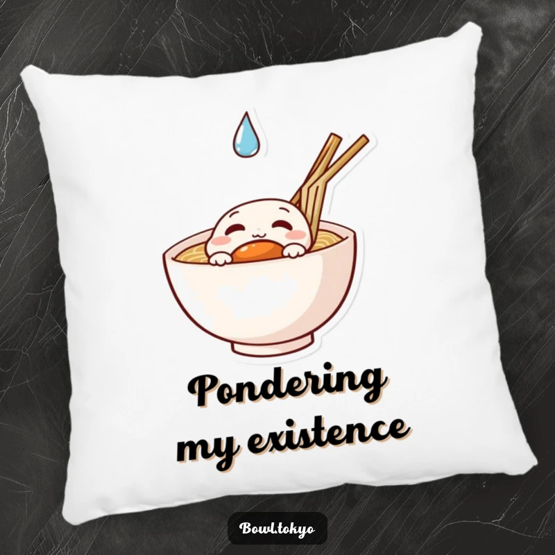 Funny curious ramen pillow with a noodle bowl character peeking at a droplet, perfect for cozy contemplation.