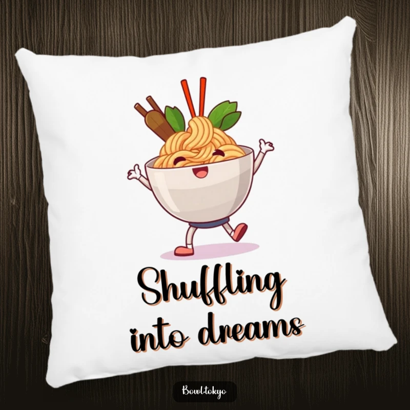 Funny happy ramen pillow with a noodle bowl character doing a jolly shuffle, perfect for cozy happiness.