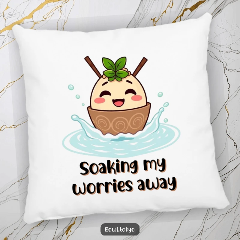 Funny pillow featuring a smiling ramen bowl character splashing in a hot spring, providing comfort and a humorous decorative touch.