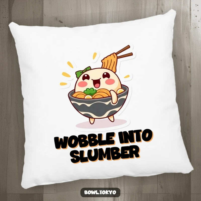 Funny wobbling ramen pillow with a noodle bowl character in a comical wobble, perfect for lounging.