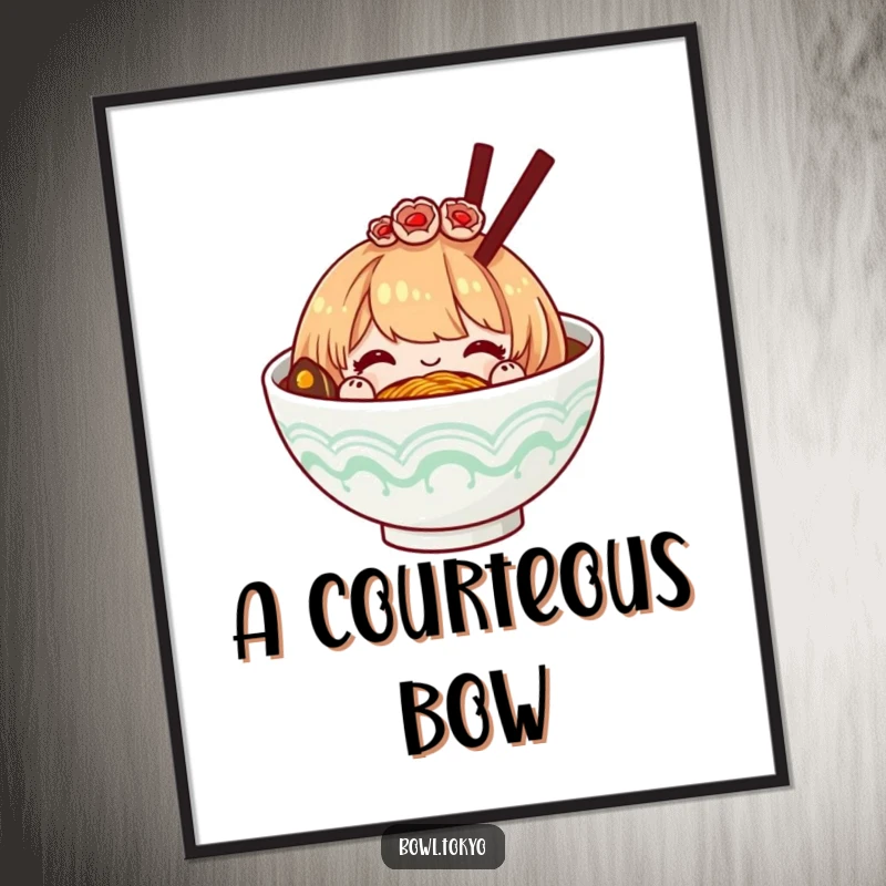 Funny ramen bowl with a decorative hairpiece, bowing politely, a high-resolution digital art print for elegant home decor.