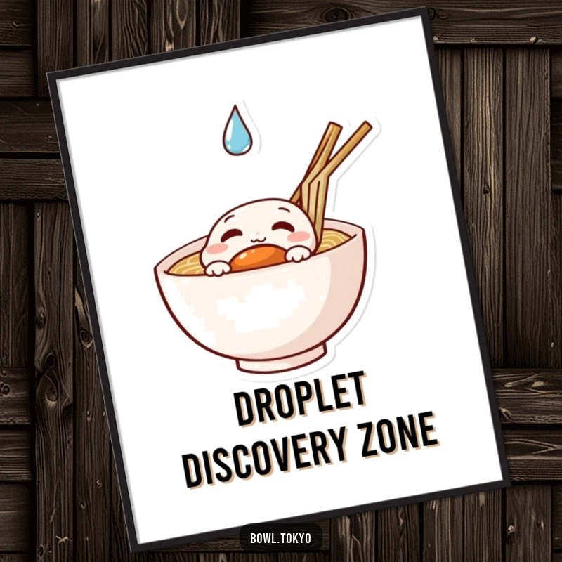 Funny curious ramen digital art print of a noodle bowl character peeking at a floating droplet, instant download.