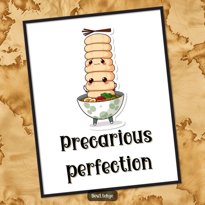 Funny ramen bowl digital art print, determined expression, balancing a towering stack of fish cakes, showcasing food art.