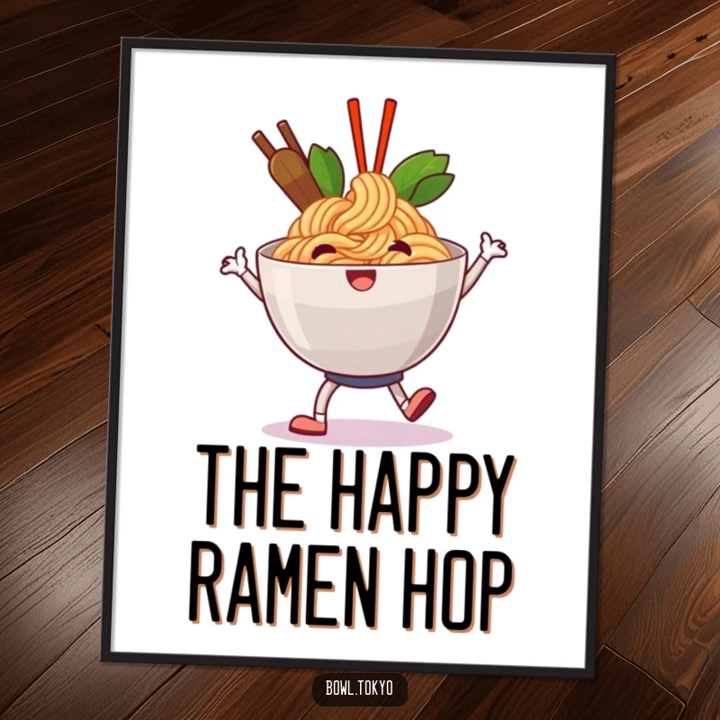 Funny happy ramen digital art print of a noodle bowl character doing a jolly shuffle, instant download.