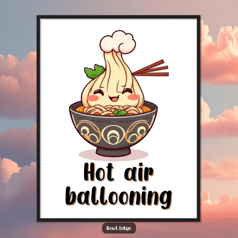 Funny Kawaii ramen bowl digital art print with a cheerful grin, offering a steam cloud, bringing instant humor to any room.